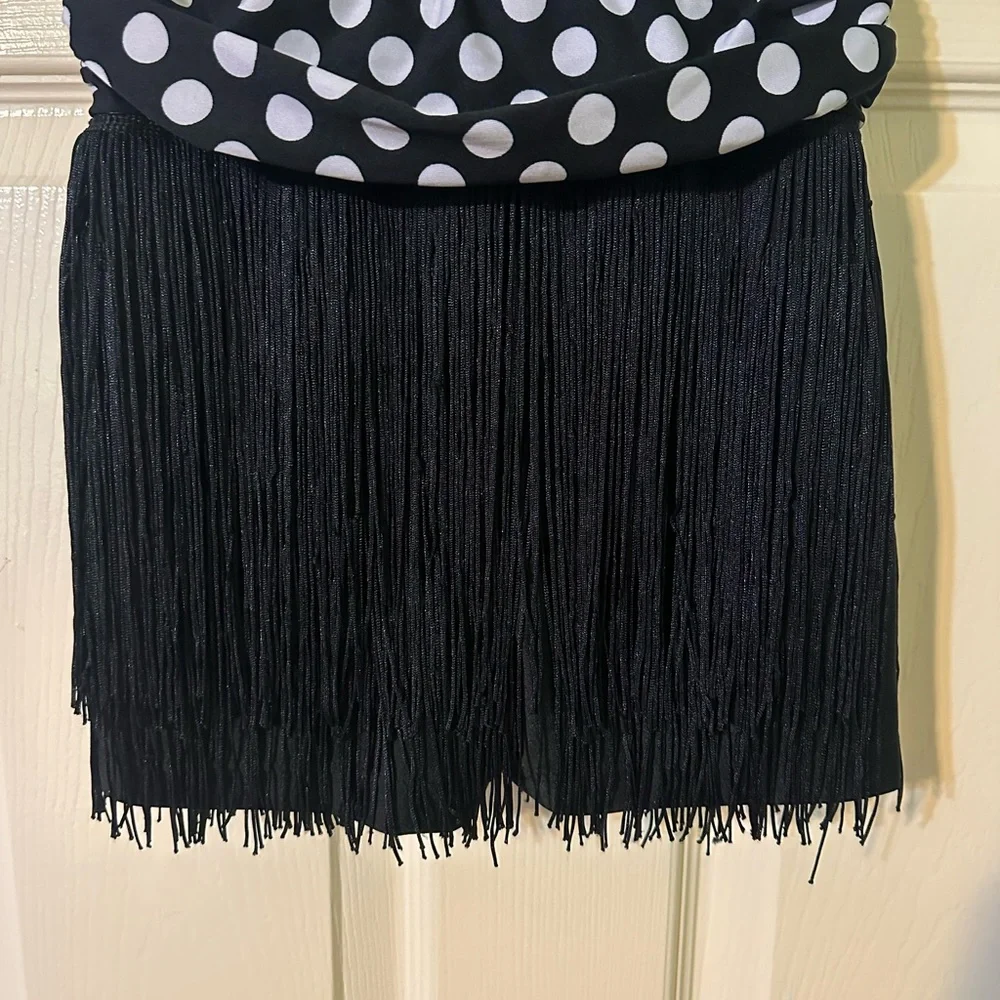 Girls Revolution Black Fringe Polka Dot Waist Skirt costume with Gloves   Size M
